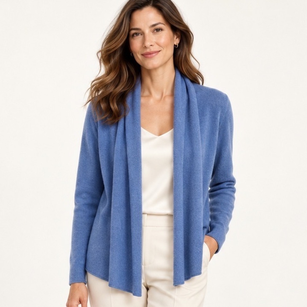 Alashan Cashmere Shawl Collar Open Front Cardigan Sweater Blue Small